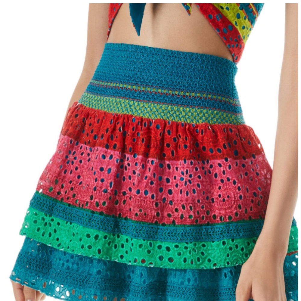 Alice + Olivia Bethie Smocked Tiered Eyelet Mini Skirt Cabo Stripe